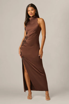 Satin Beaded Soutache Cowl Halter Gown