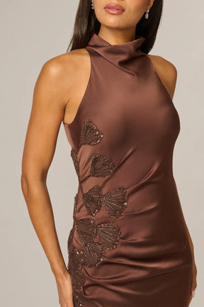 Satin Beaded Soutache Cowl Halter Gown