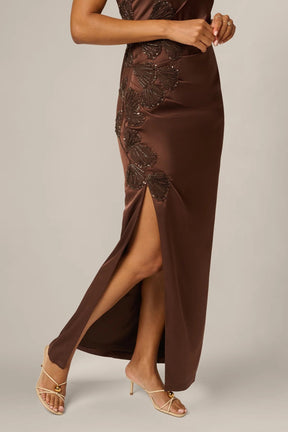 Satin Beaded Soutache Cowl Halter Gown