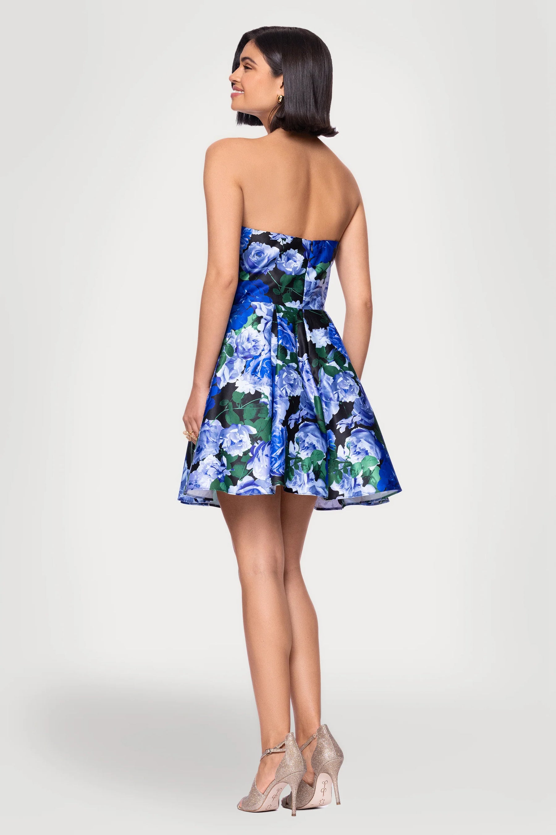 Satin Strapless Floral Print Short Dress