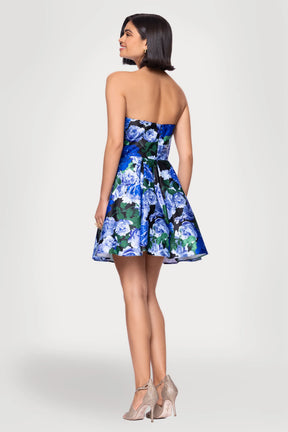 Satin Strapless Floral Print Short Dress