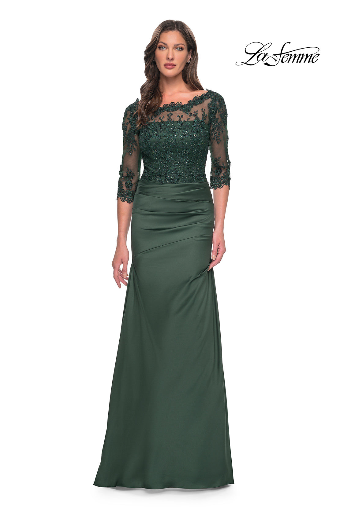 Satin and Lace Illusion Off Shoulder Gown