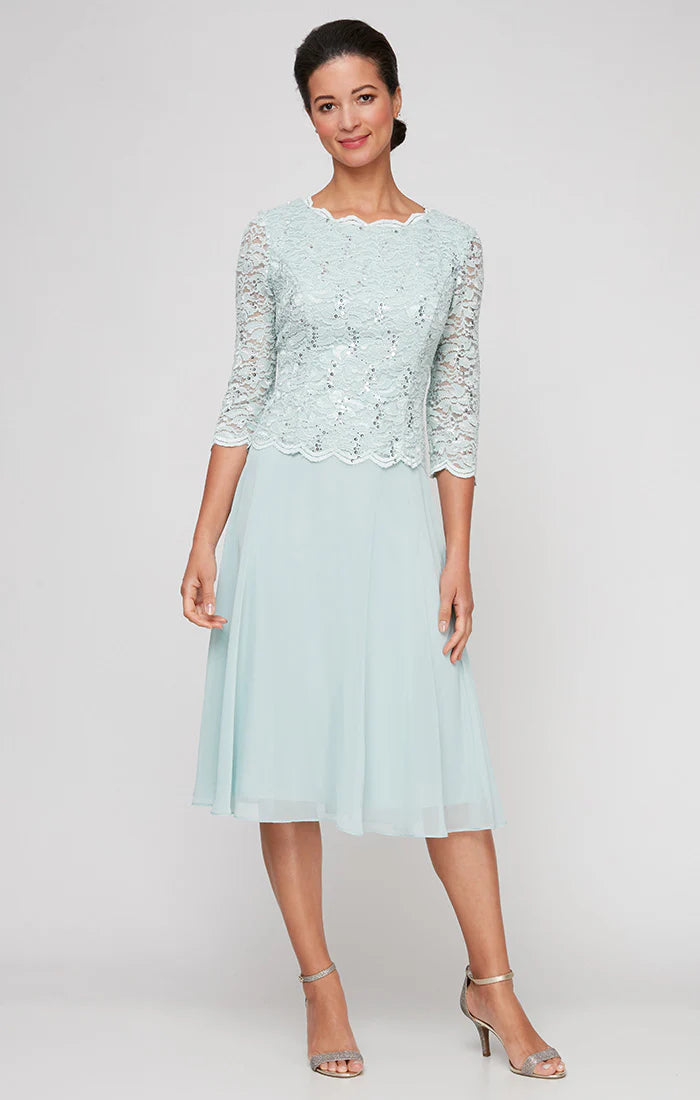 Scalloped Lace Bodice Dress With Chiffon Skirt