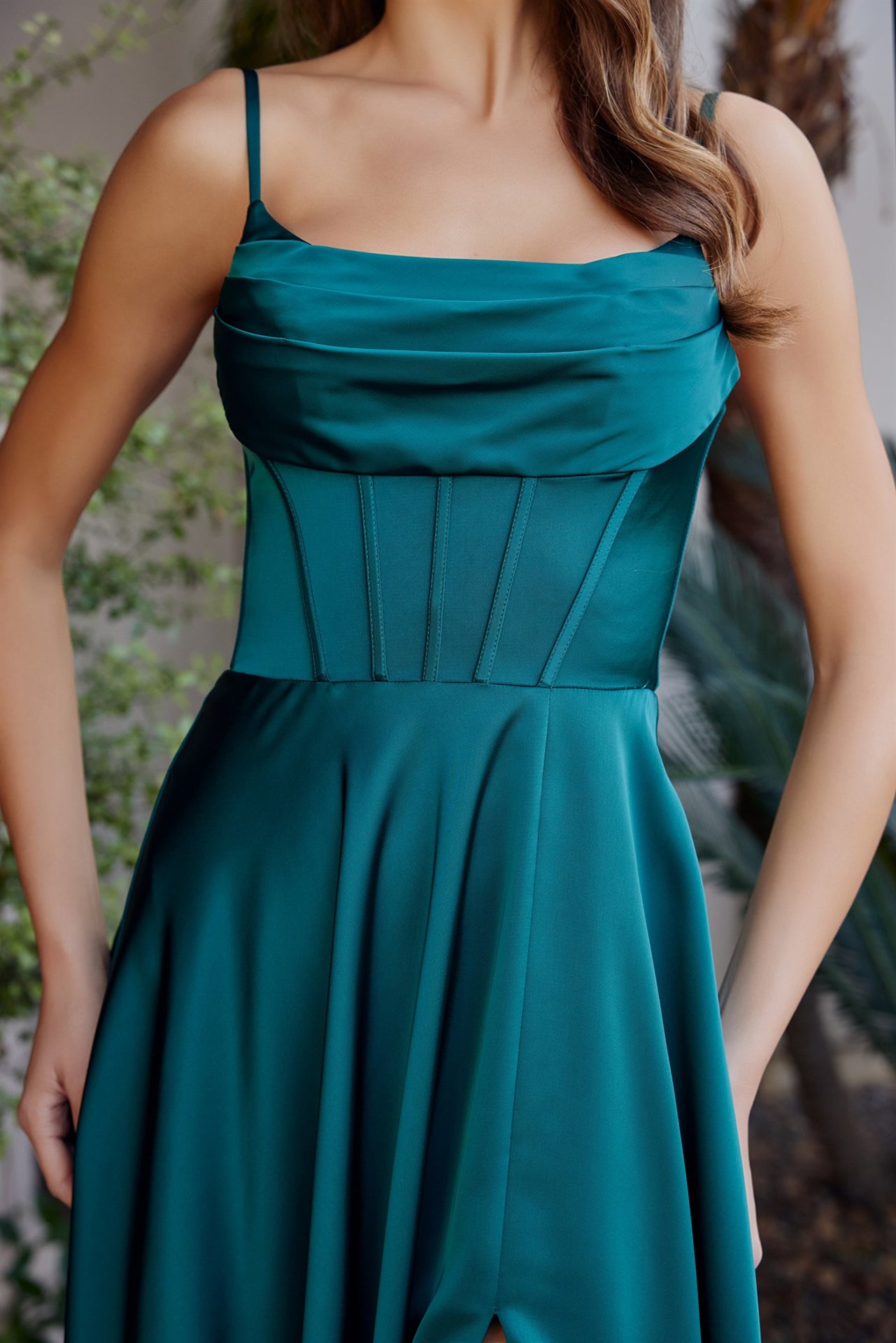 Scoop Neck Stretch Satin Corset Gown