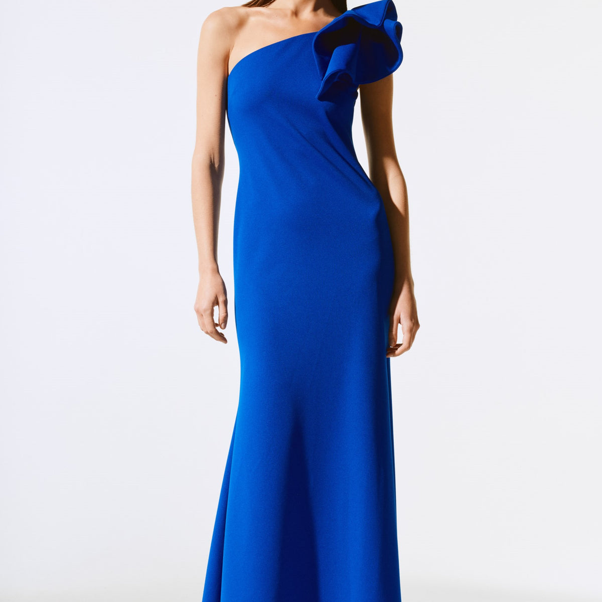 Scuba Crepe Ruffled One-Shoulder Gown | Lizzy's by Cathy Allan