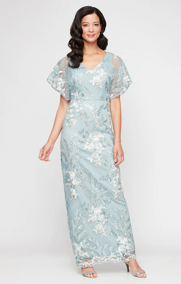 Sequin Embroidered Kimono Sleeve Long Dress