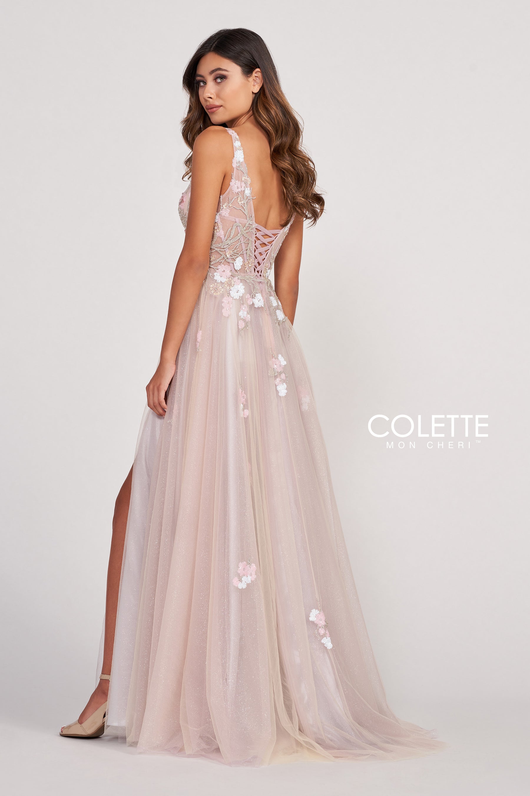 Sequin Floral Applique Corset Back Gown