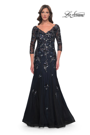 Sequin Floral Applique Mermaid Gown with Sleeves