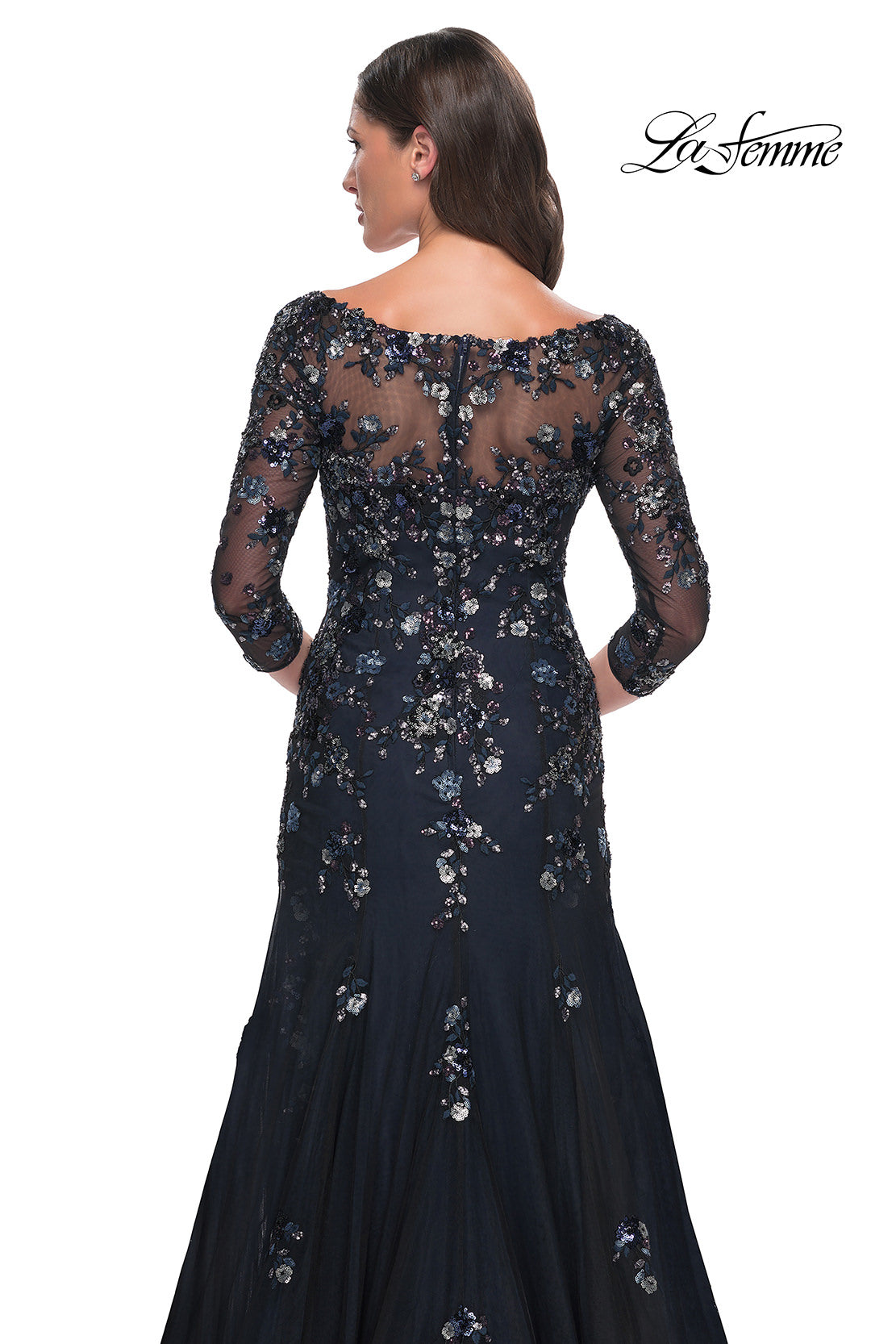 Sequin Floral Applique Mermaid Gown with Sleeves