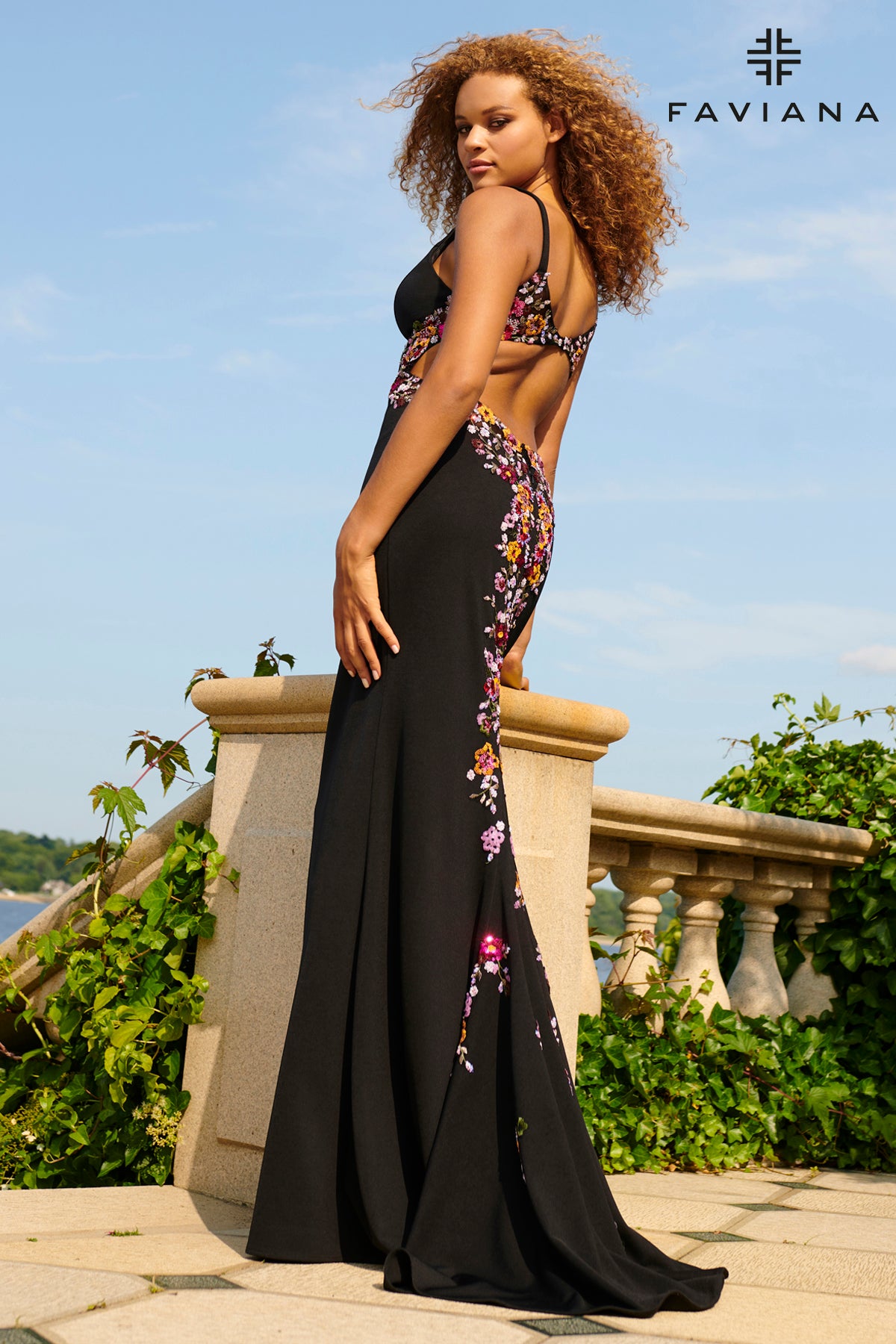 Sequin Floral Detail Mermaid Gown with Cut Outs