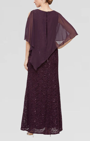 Sequin Lace Gown With Jeweled Capelet Overlay
