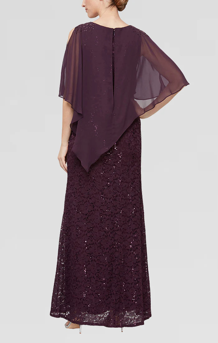 Sequin Lace Gown With Jeweled Capelet Overlay