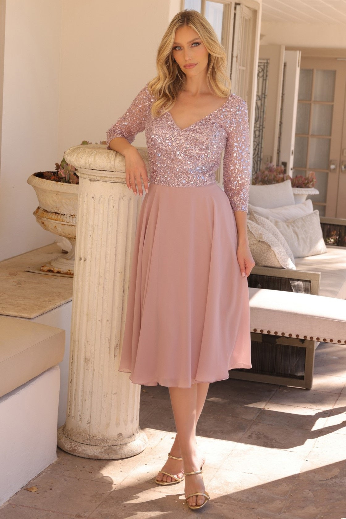 Sequined Bodice V-Neck Midi Dress