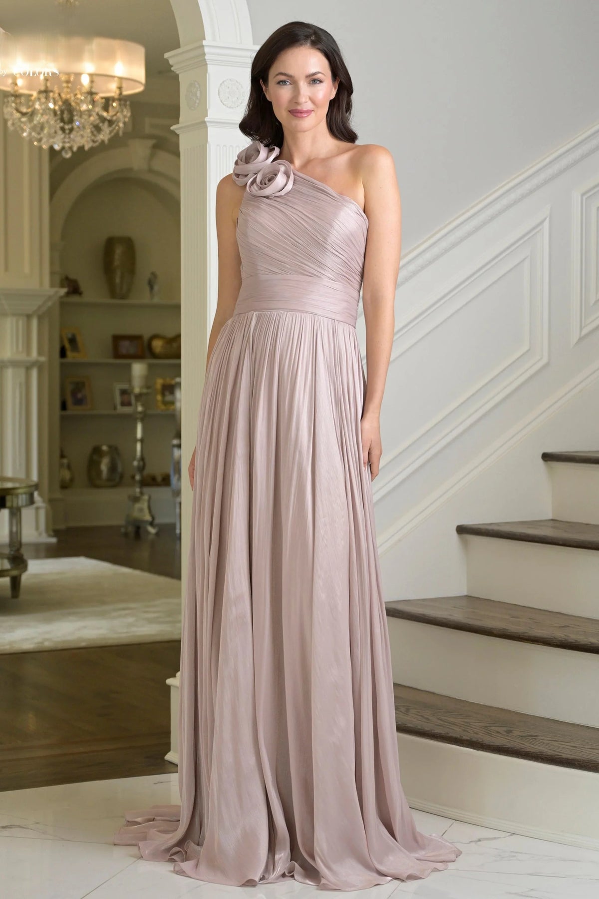 Shimmer Crinkle Chiffon One Shoulder Gown