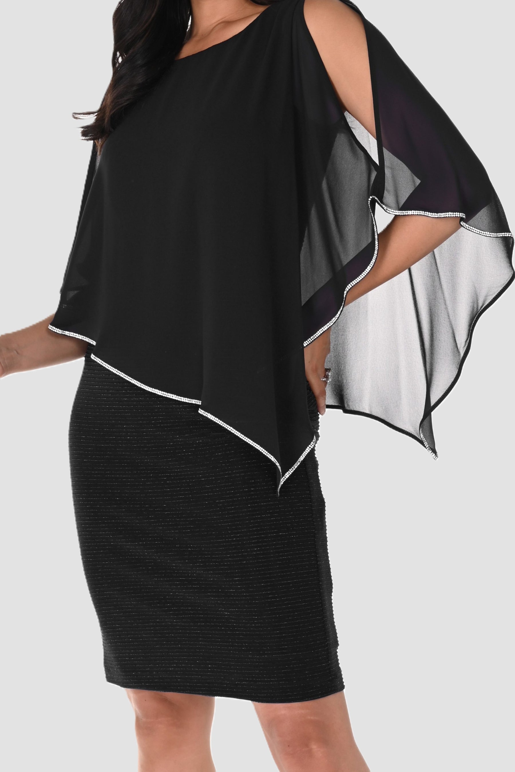Shimmer Knit Dress with Chiffon Overlay - Black
