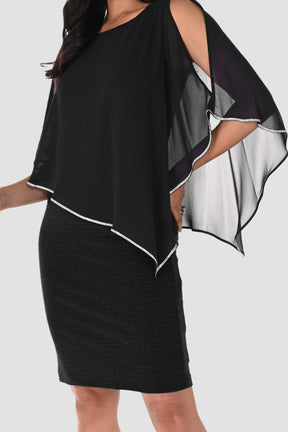 Shimmer Knit Dress with Chiffon Overlay - Black