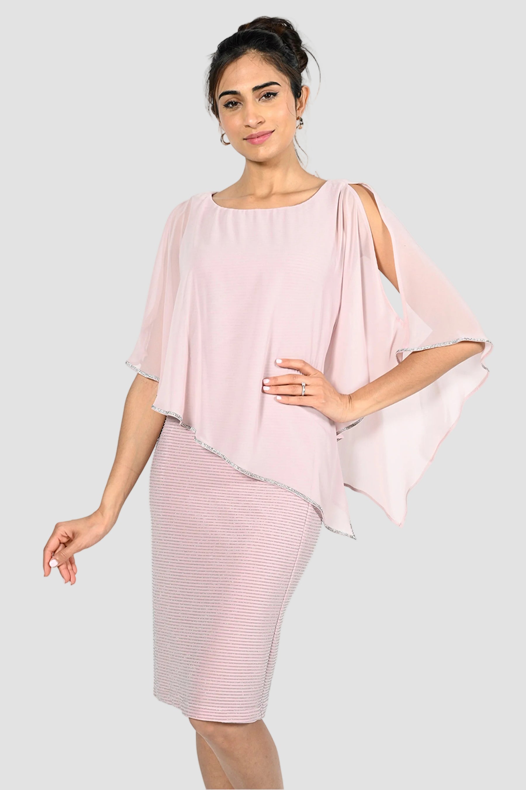 Shimmer Knit Dress with Chiffon Overlay - Blush