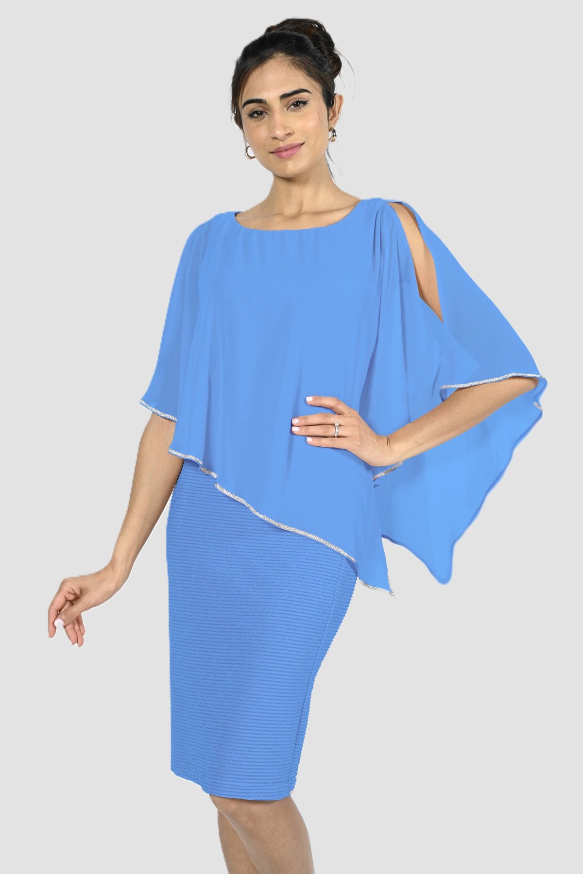 Shimmer Knit Dress with Chiffon Overlay - French Blue