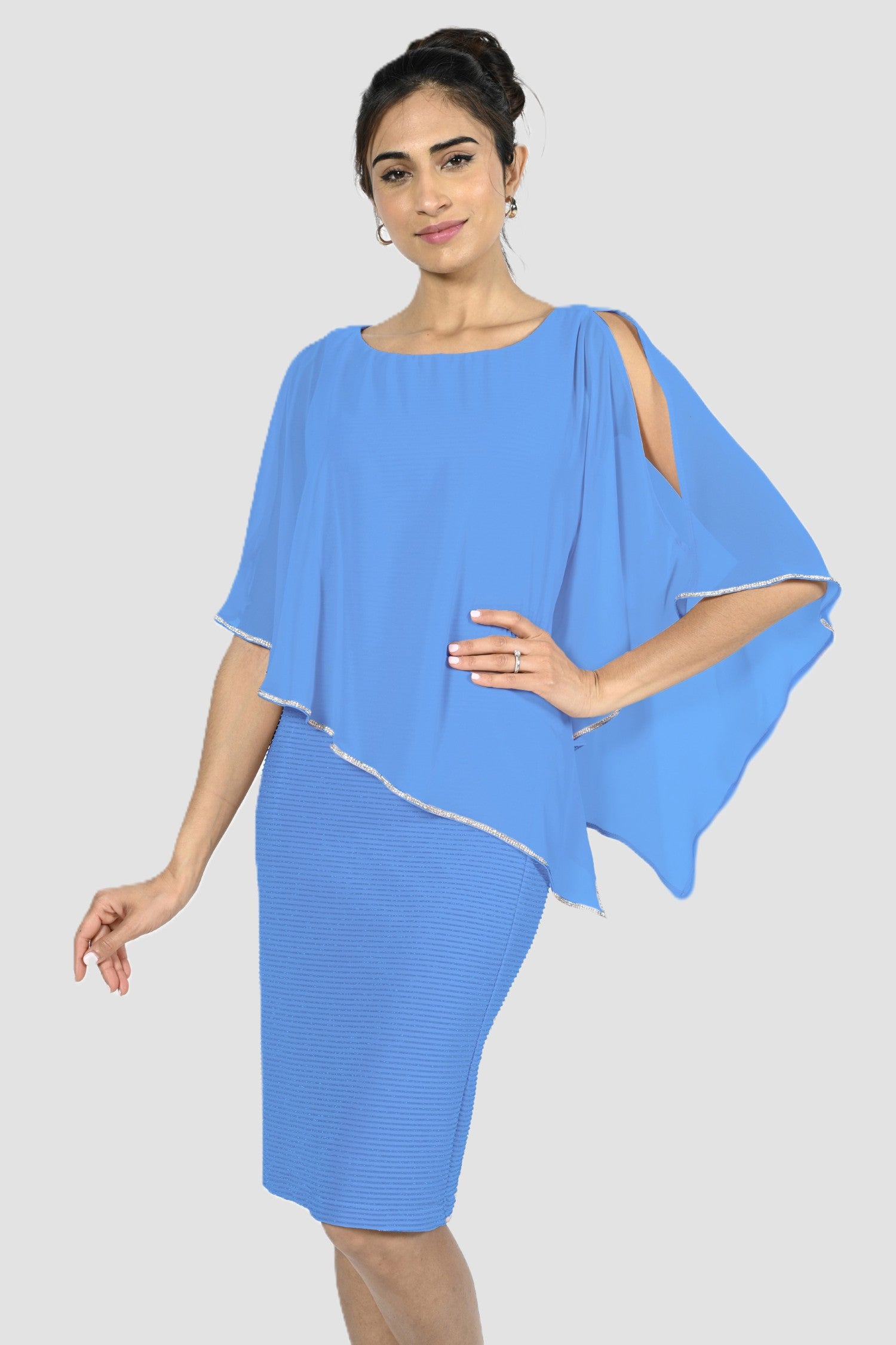 Shimmer Knit Dress with Chiffon Overlay - French Blue