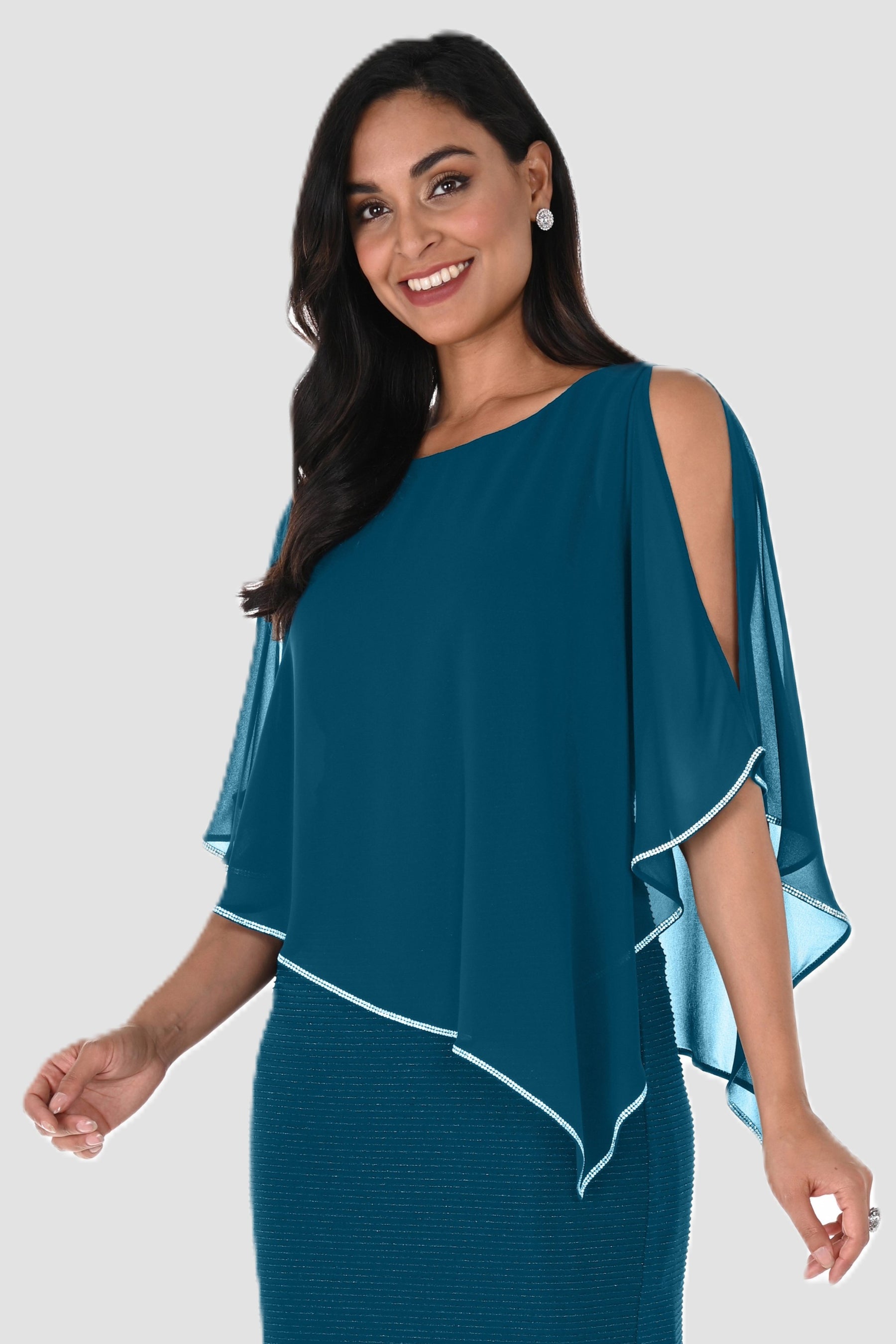 Shimmer Knit Dress with Chiffon Overlay - Jade