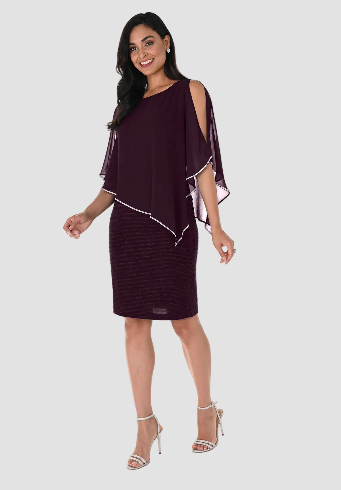 Shimmer Knit Dress with Chiffon Overlay - Merlot