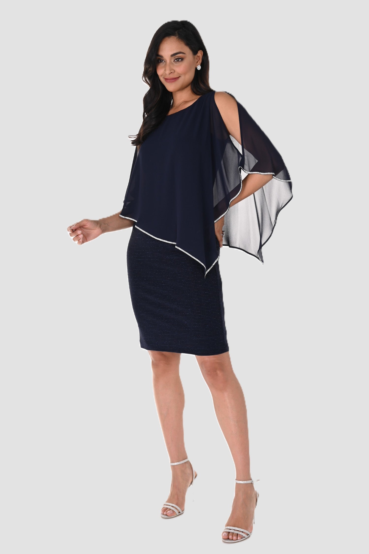 Shimmer Knit Dress with Chiffon Overlay - Midnight