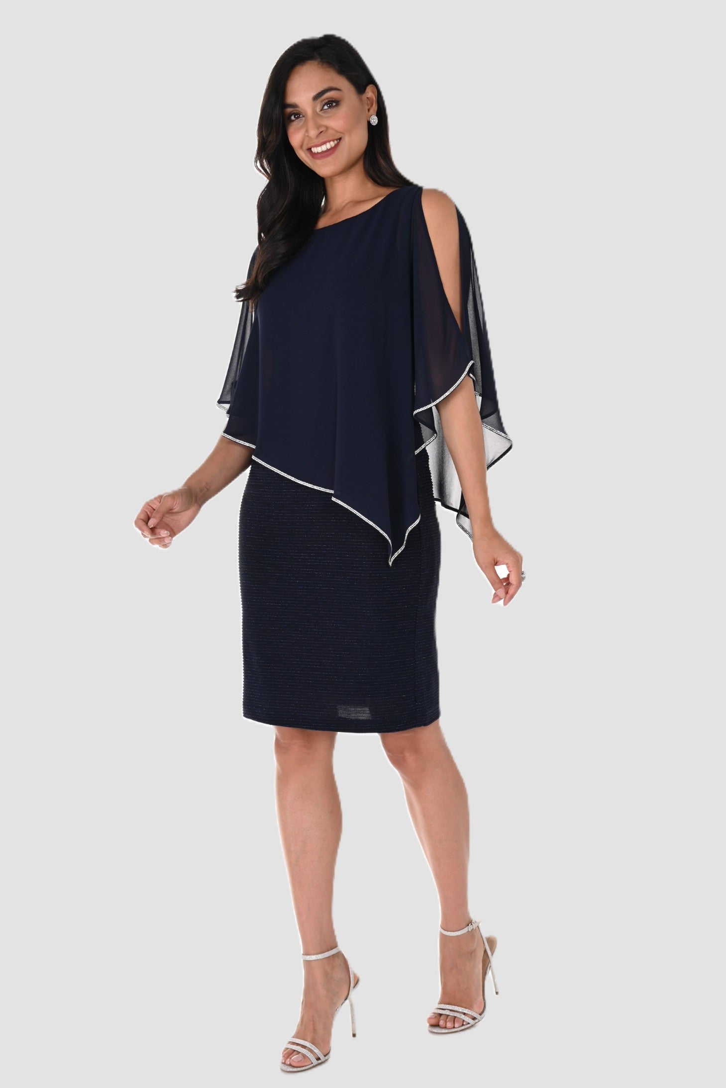 Shimmer Knit Dress with Chiffon Overlay - Midnight