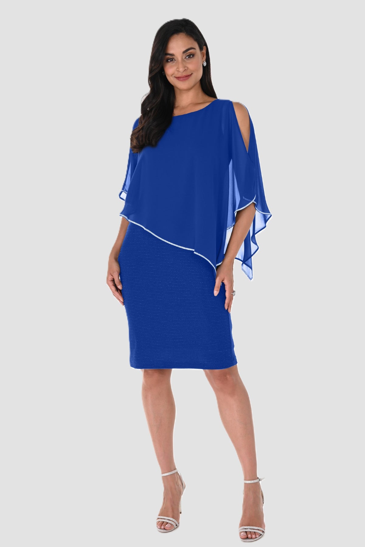 Shimmer Knit Dress with Chiffon Overlay - Royal