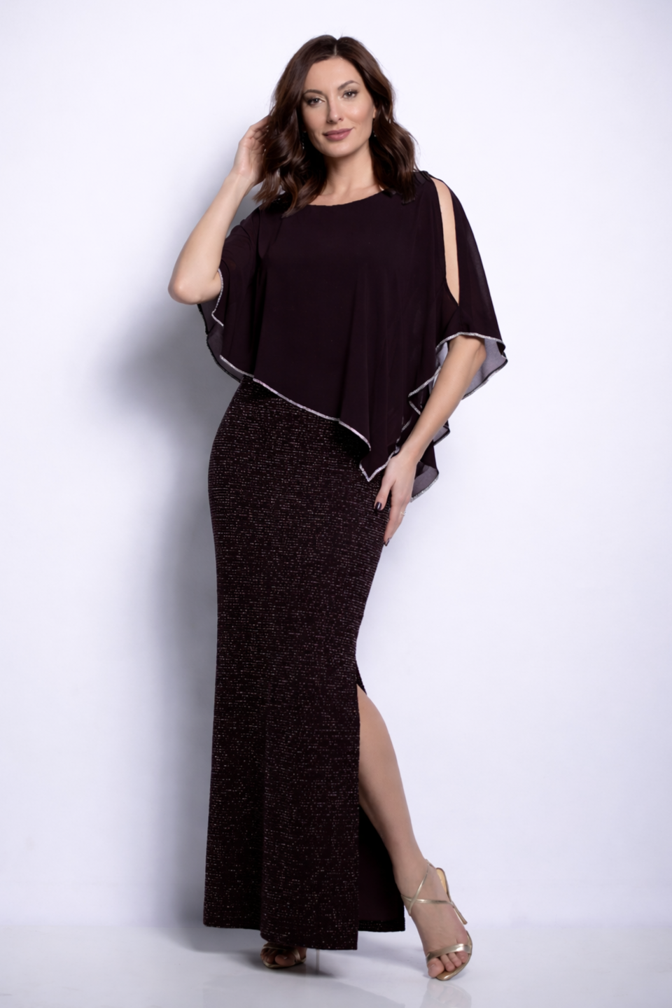 Shimmer Knit Gown with Chiffon Overlay - Dark Chocolate