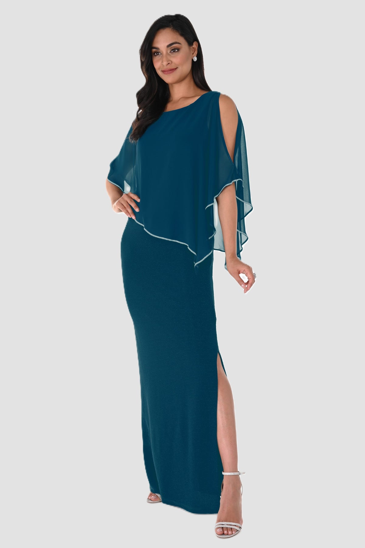 Shimmer Knit Gown with Chiffon Overlay - Jade
