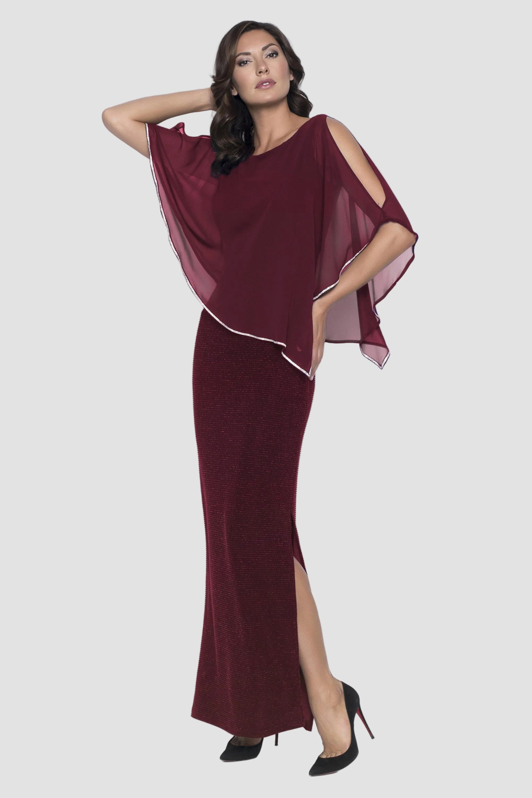 Shimmer Knit Gown with Chiffon Overlay - Maroon