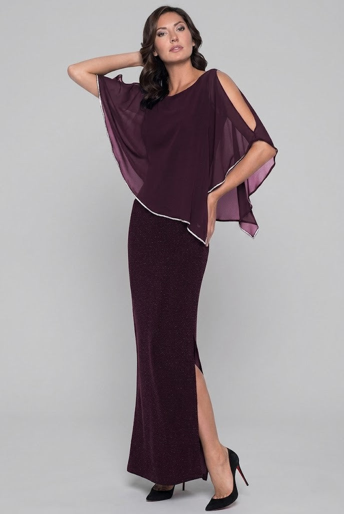 Shimmer Knit Gown with Chiffon Overlay - Merlot