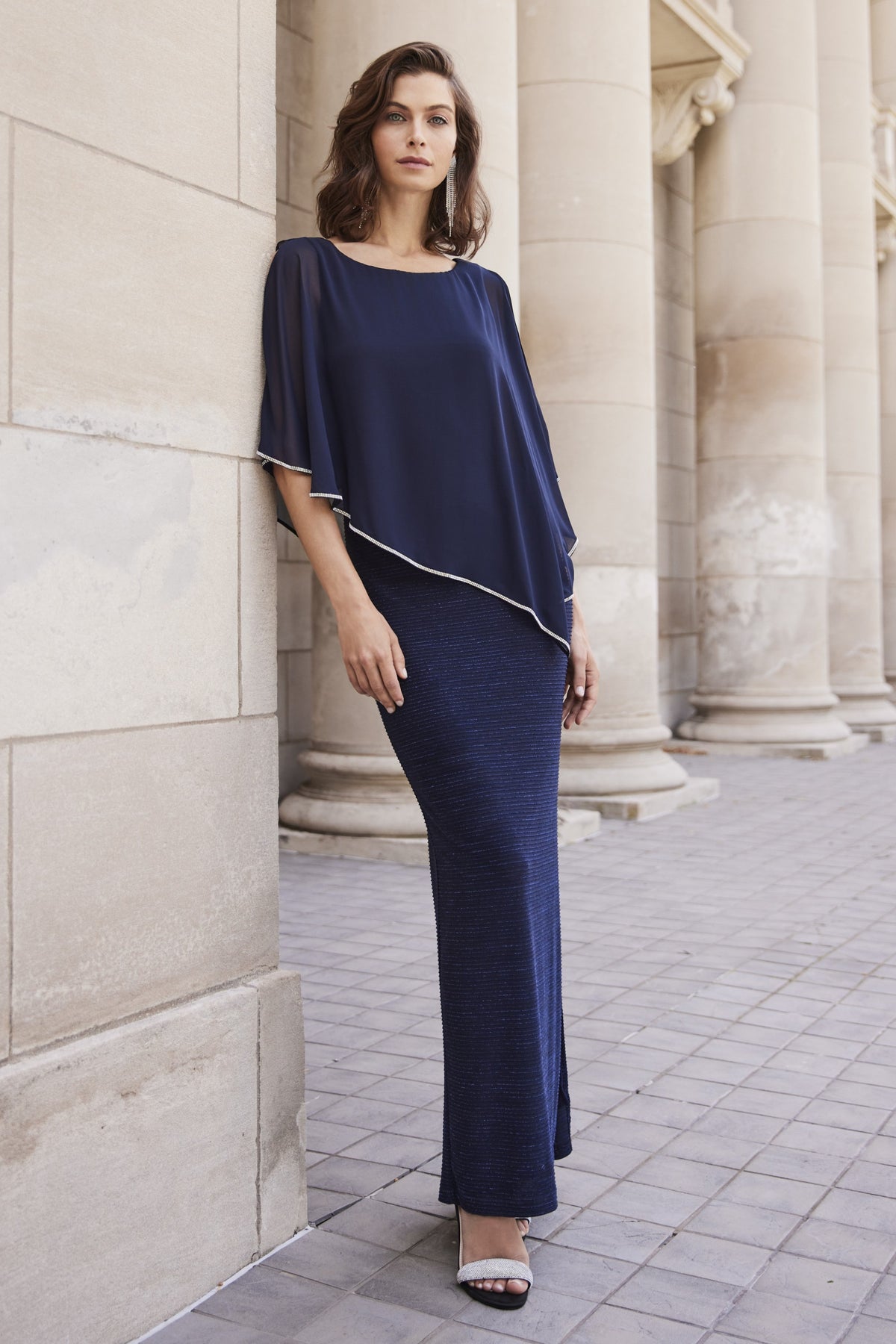 Shimmer Knit Gown with Chiffon Overlay - Midnight