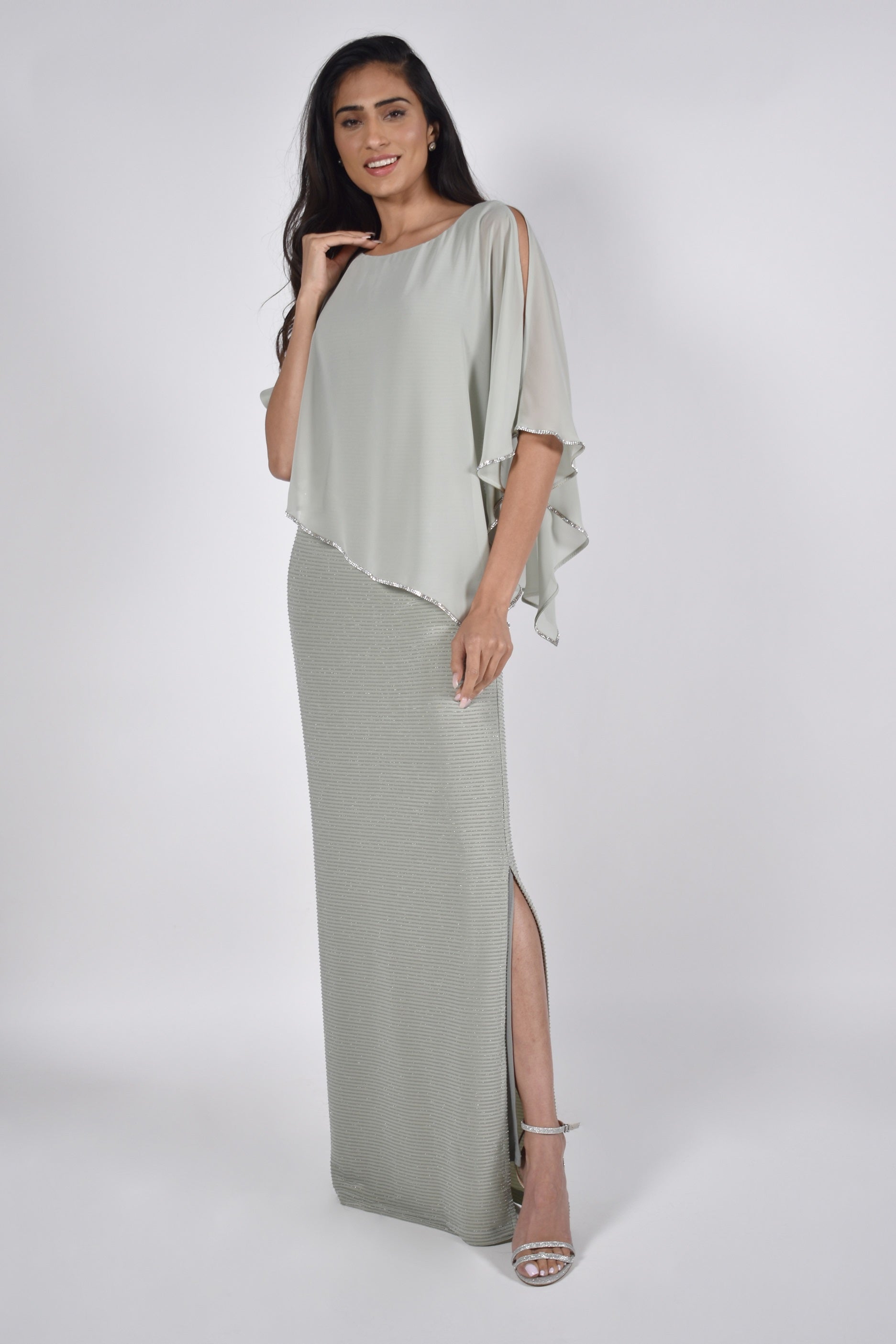 Simmar Gold Tea Shimmer Knit Gown with Chiffon Overlay - Green Tea | Lizzy's by Cathy Allan