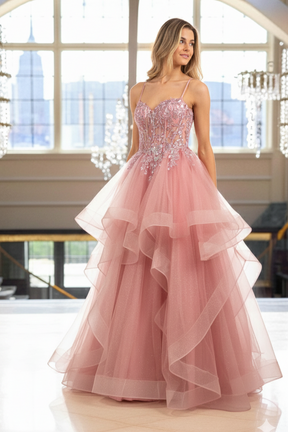 Shimmery Layered Tulle Illusion Corset Gown