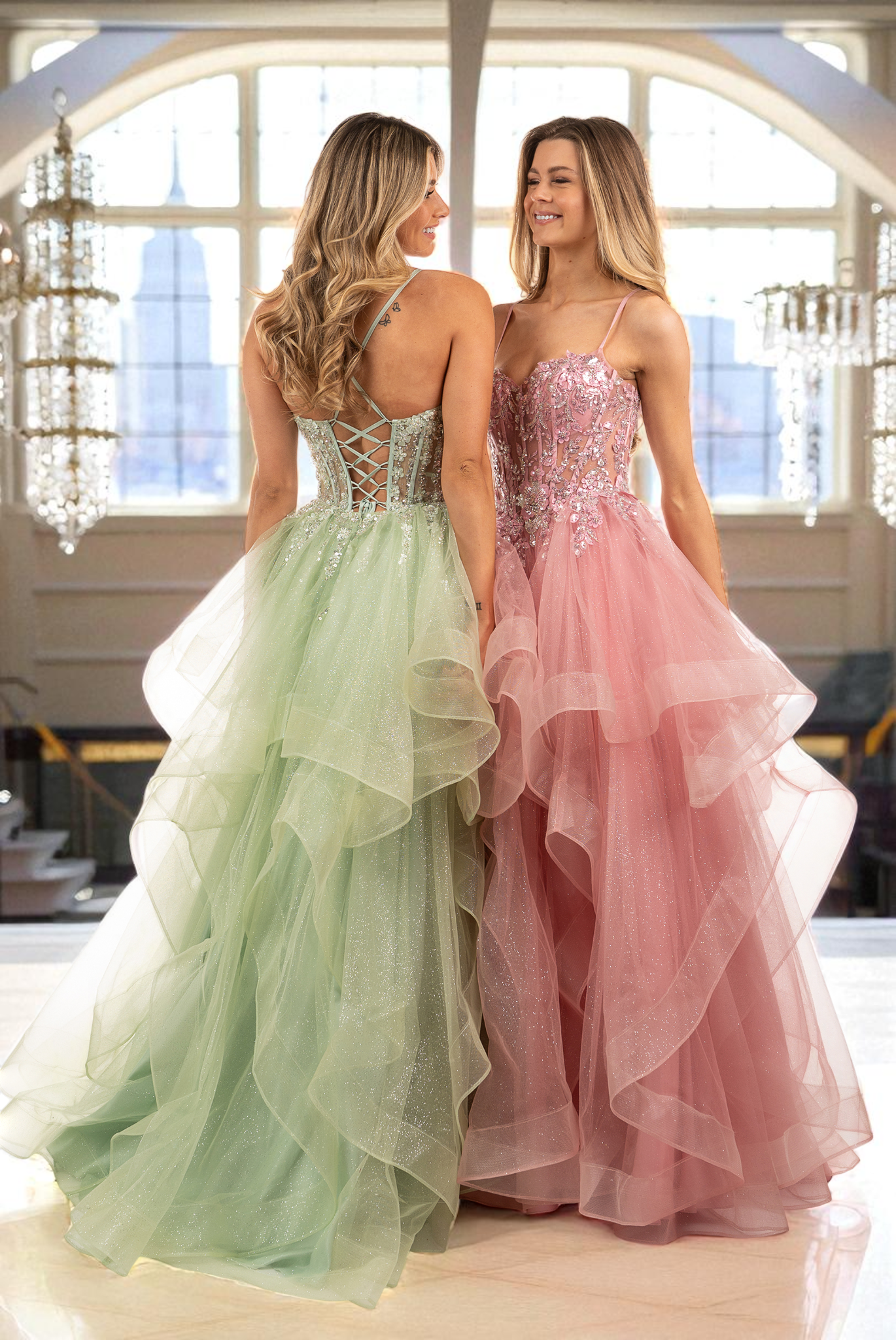 Shimmery Layered Tulle Illusion Corset Gown