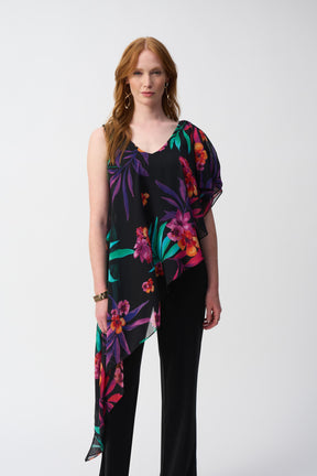 Silky Knit Jumpsuit with Tropical Chiffon Overlay