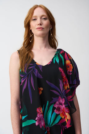 Silky Knit Jumpsuit with Tropical Chiffon Overlay