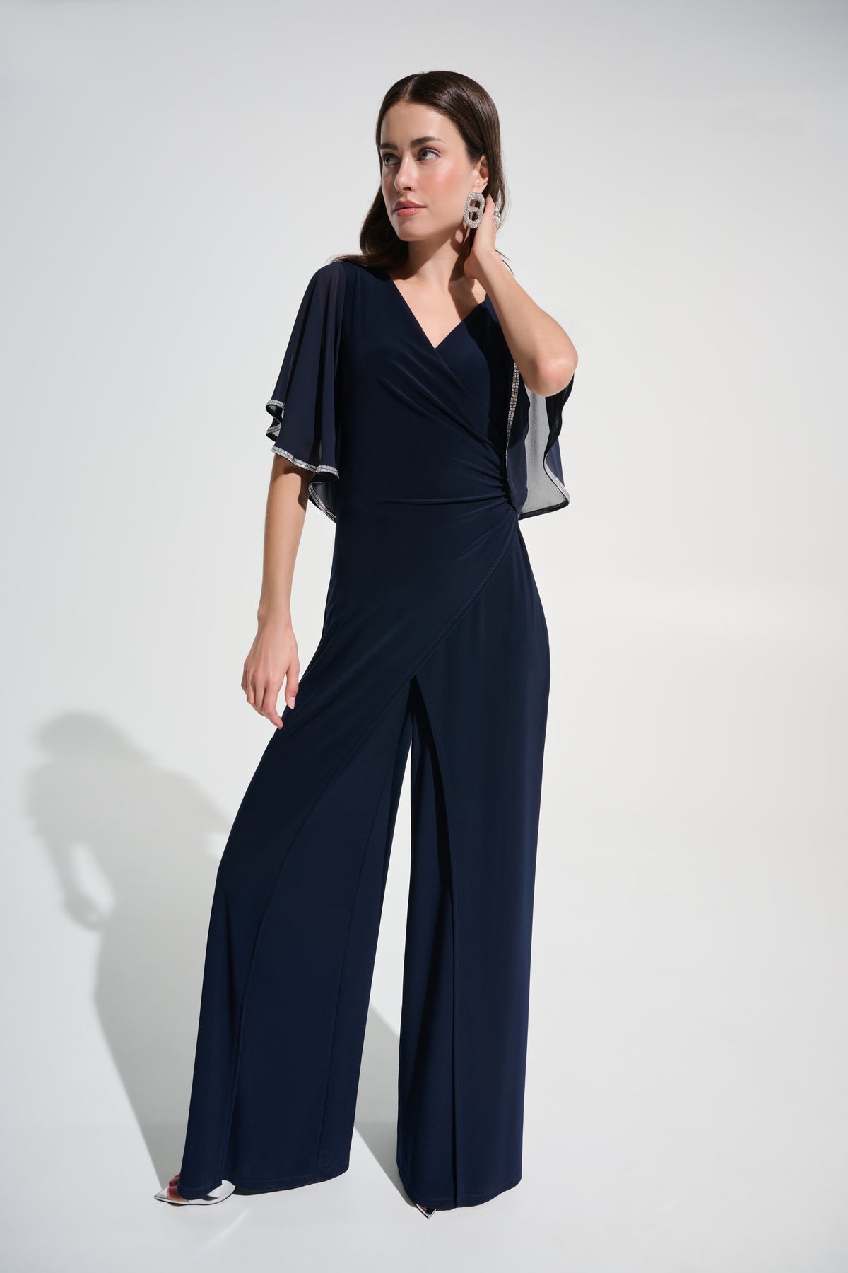 Silky Knit Wrap Wide Leg Jumpsuit with Rhinestone Trim