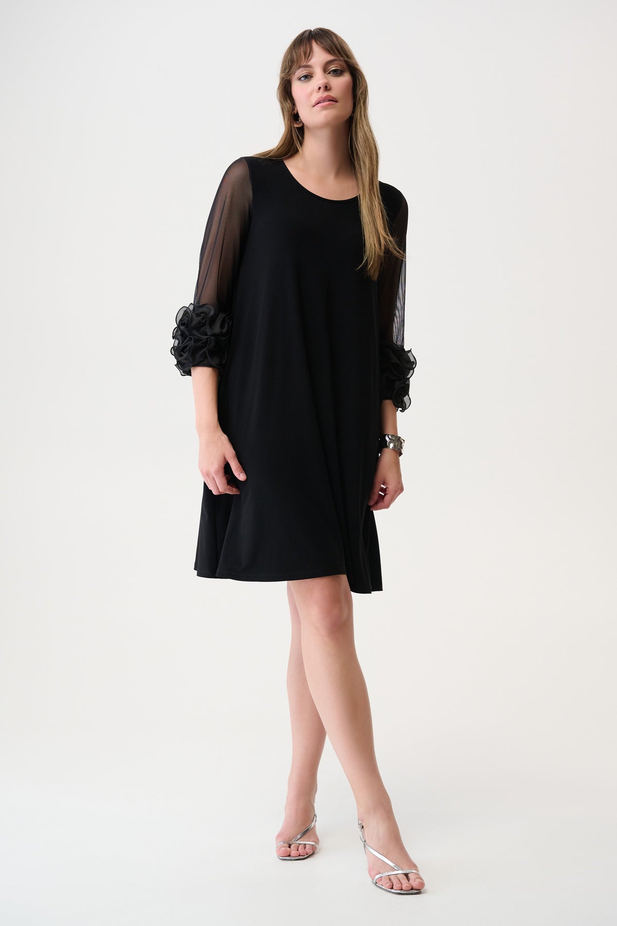 Silky Knit and Mesh A-Line Dress With Ruffled Trim