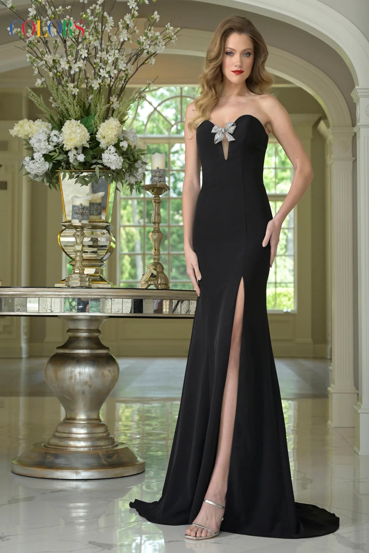 Sleek Jewelled Bow High Slit Gown