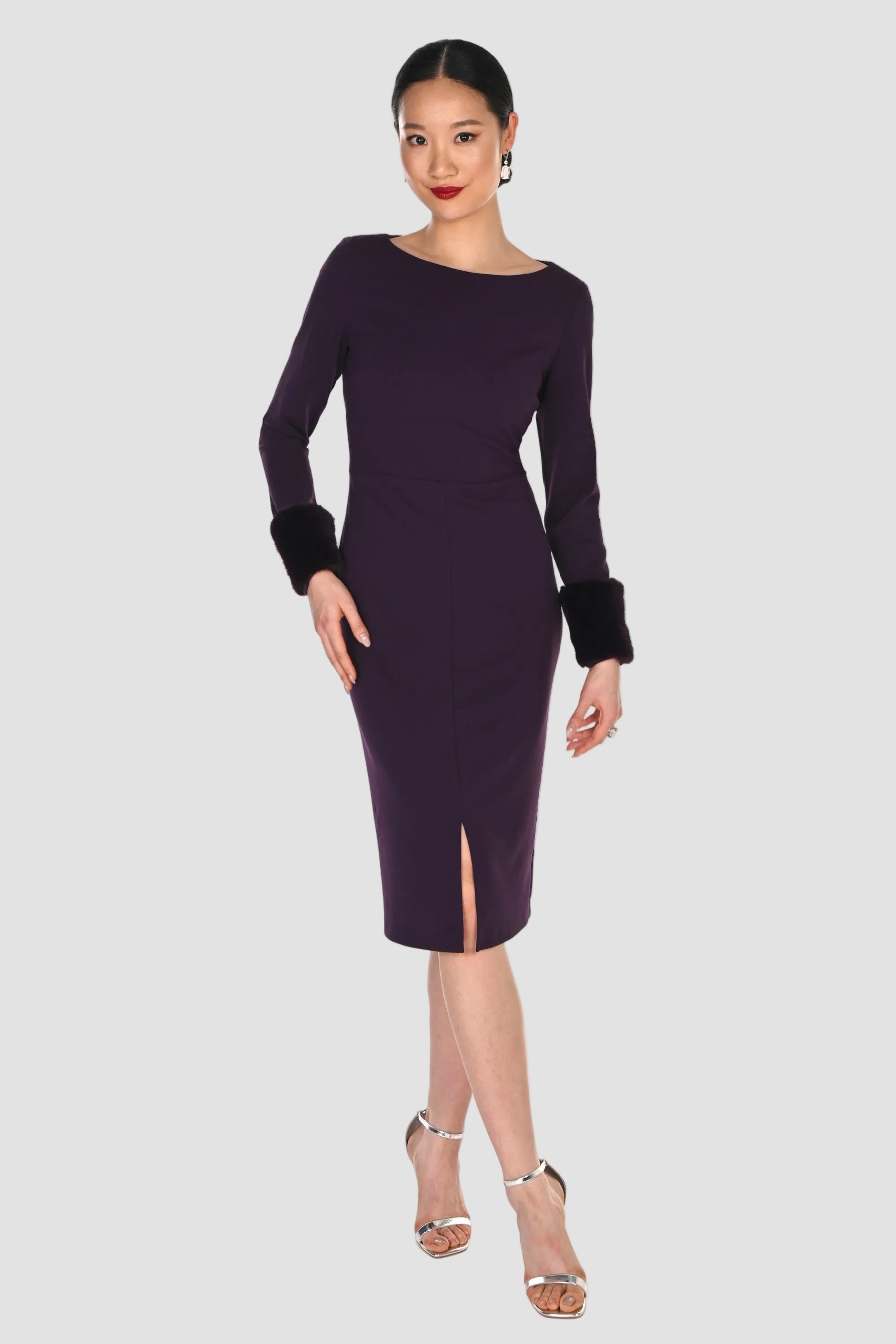 Sleek Long Sleeve Midi Dress with Faux Fur Cuffs