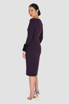 Sleek Long Sleeve Midi Dress with Faux Fur Cuffs