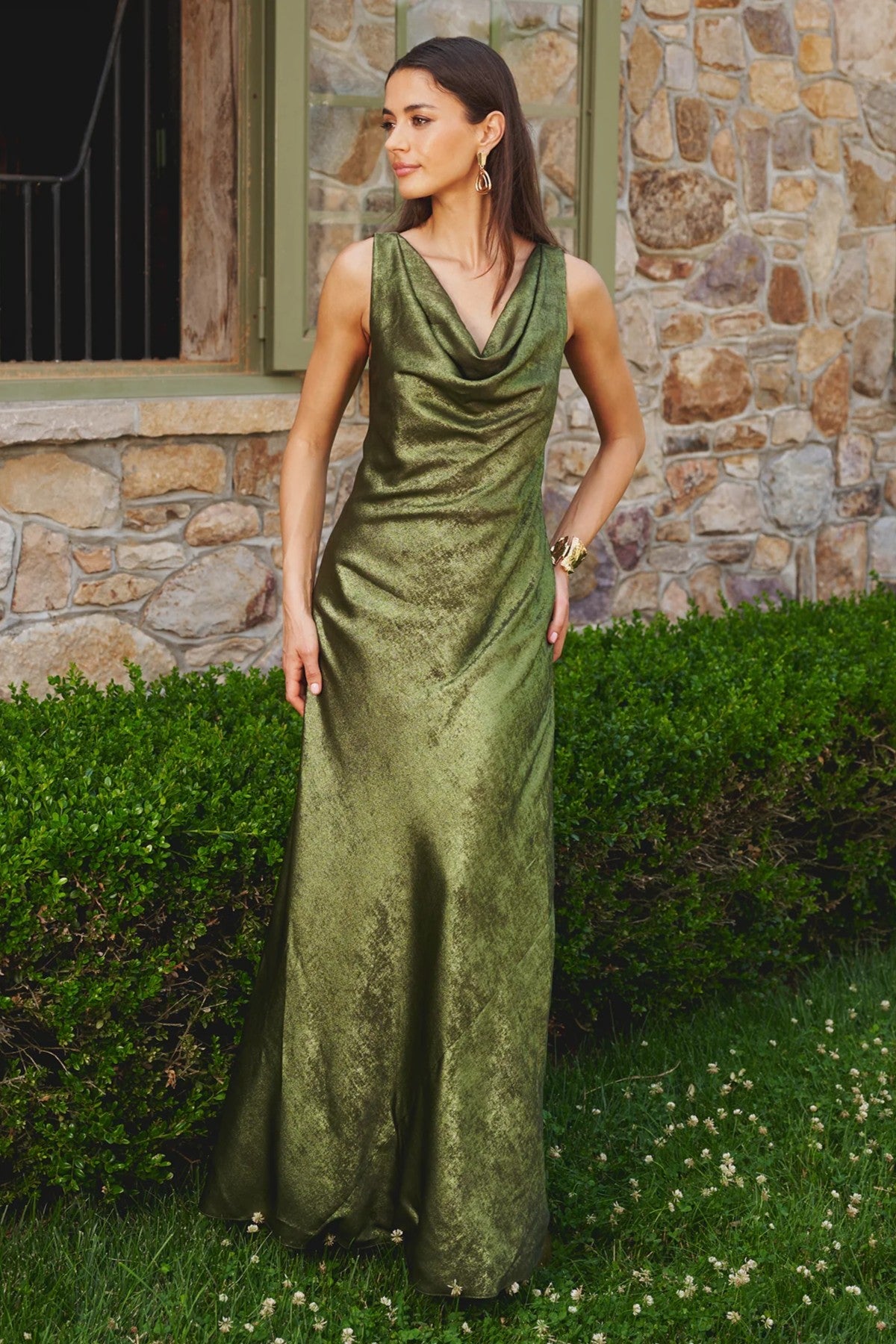 Sleeveless Cowl Bias Cut Foil Gown
