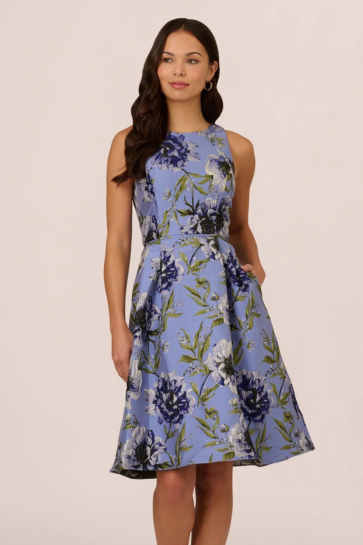 Sleeveless Floral Jacquard Midi Dress