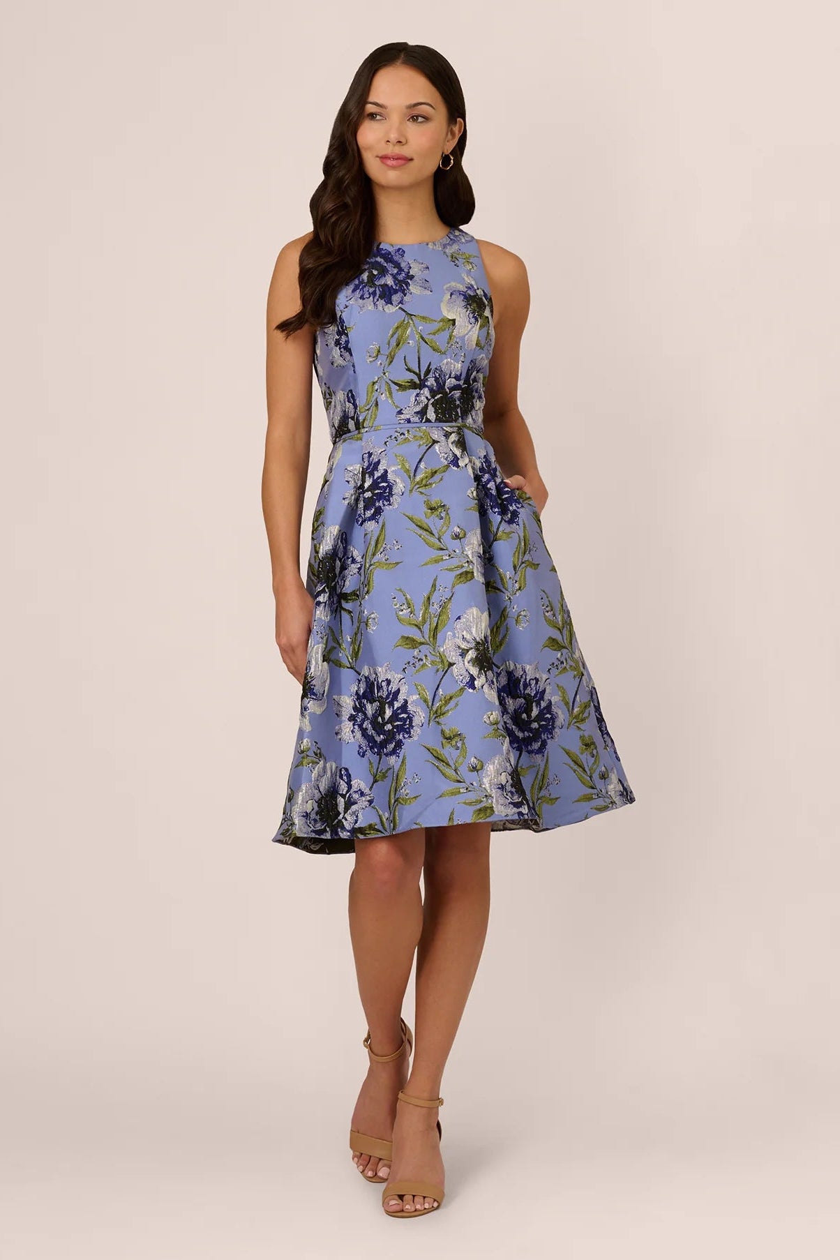 Sleeveless Floral Jacquard Midi Dress
