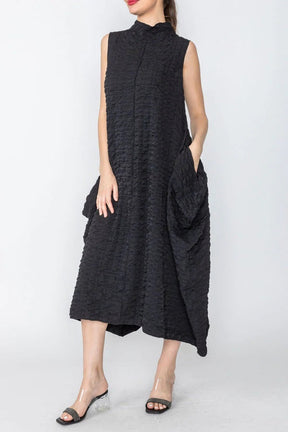 Black Sleeveless Bubble Textured High Neck Dress