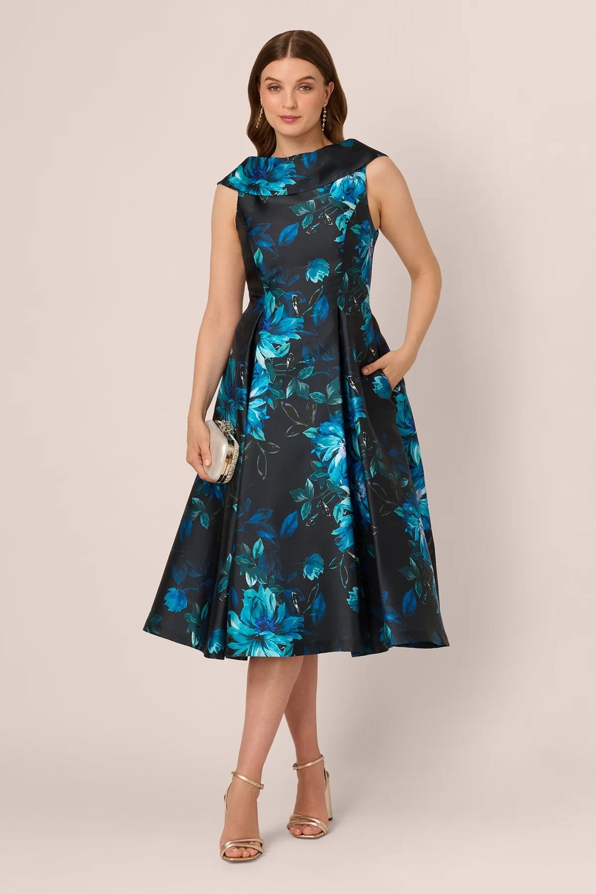 Sleeveless Roll Collar Floral Midi Dress
