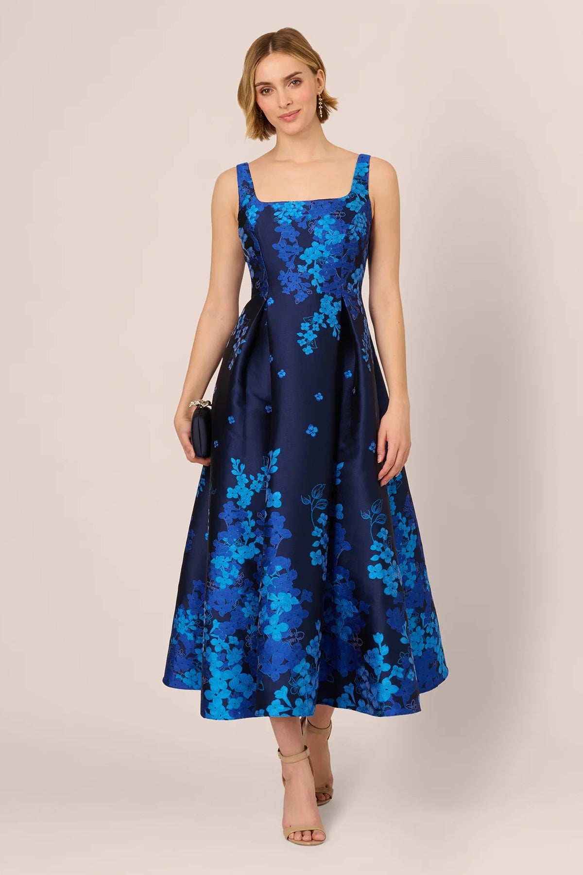 Sleeveless Square Neck Floral Jacquard Midi Dress