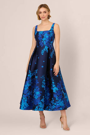 Sleeveless Square Neck Floral Jacquard Midi Dress